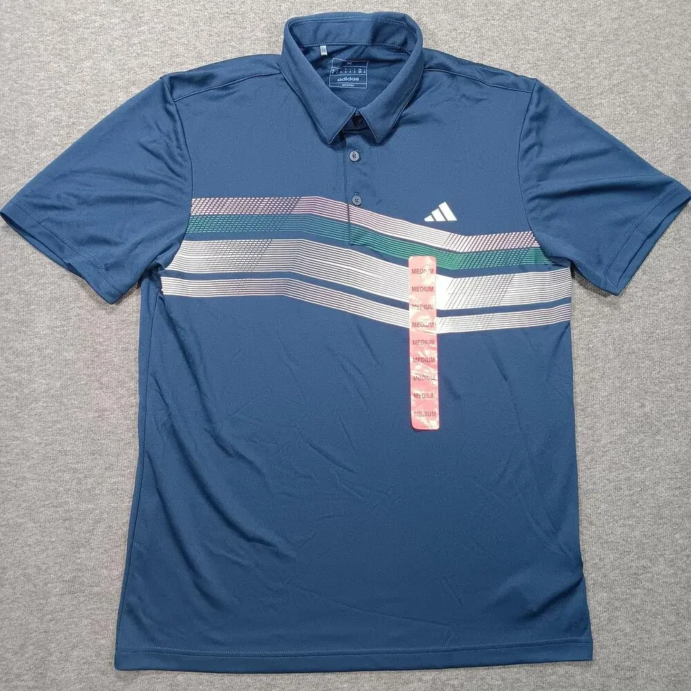 Adidas Polo Shirt Mens Medium Navy Blue Striped Golf Performance Short Sleeve
